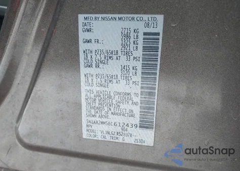 2014 Nissan Pathfinder Sl z USA, uszkodzony, nr VIN 5N1AR2MM5EC612439